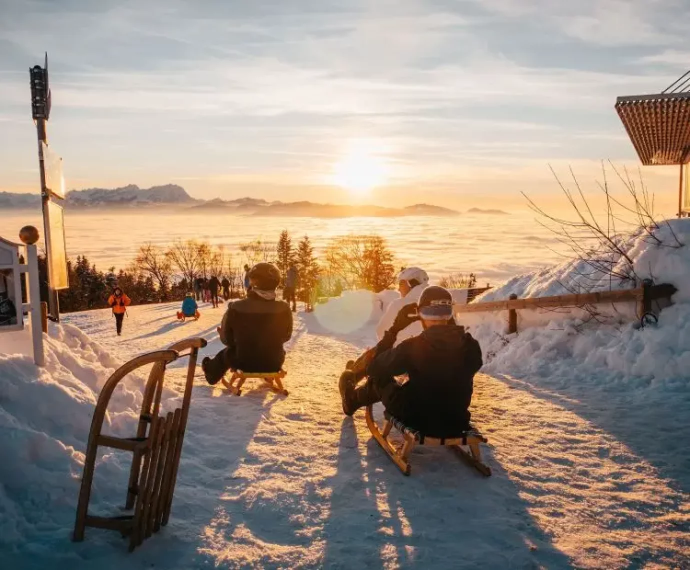 Eine Gruppe die beim Sonnenuntergang rodeln beim Pfänder in Bregenz Vorarlberg